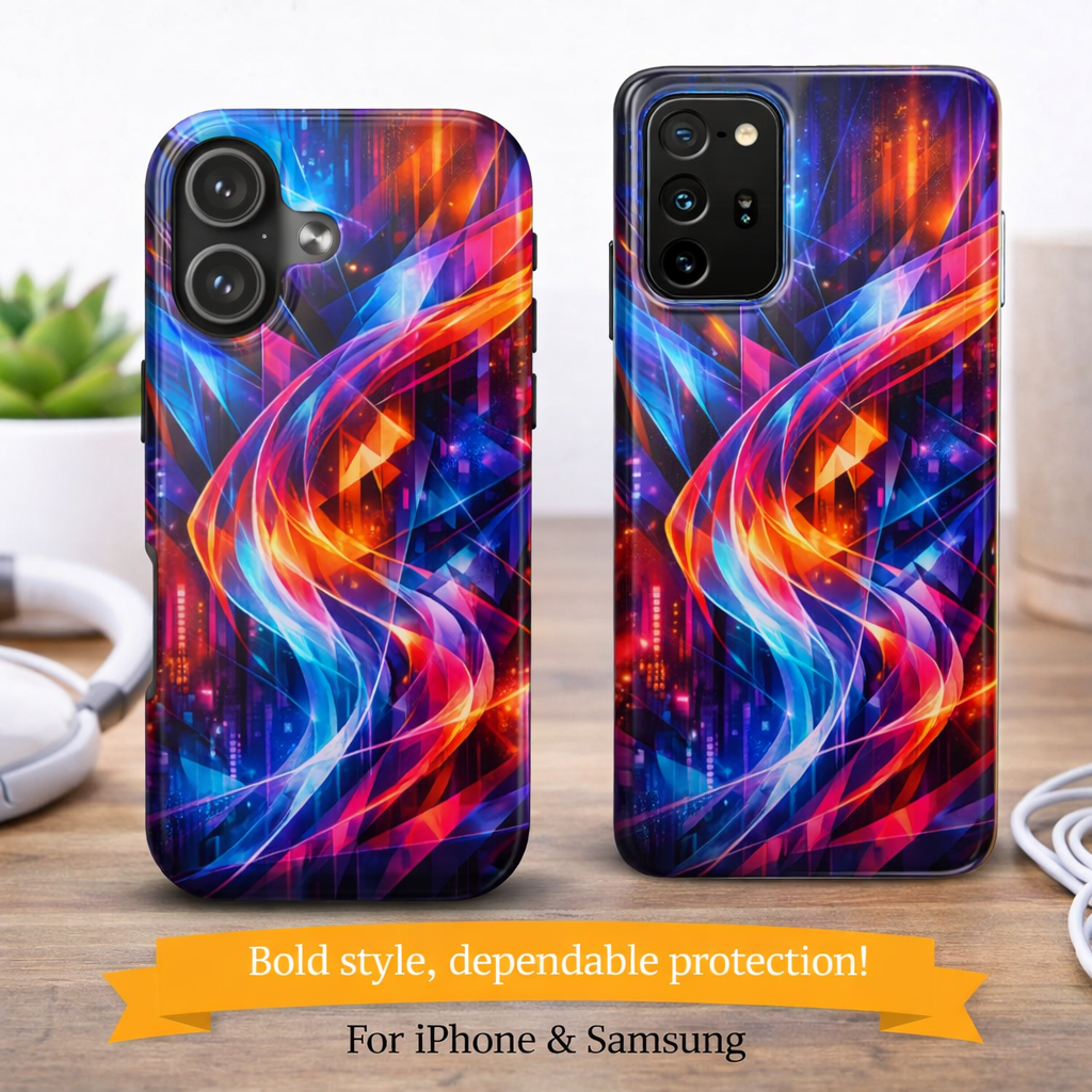 Neon Abstract Tough Phone Case Protective Case Impact Resistant Geometric Phone Cover Impact Resistant Case iPhone & Samsung