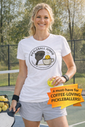 Sats and Stripes Pickleball Junkie Women's Tee Funny Pickleball Shirt Coffee Lover Pickleball Gift White Female Model