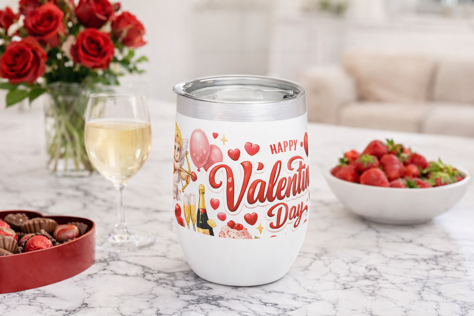 Happy Valentine's Day Wine Tumbler Stainless Steel Insulated Wine Cooler Cute Cupid & Hearts Valentine Gift for Her or Him 12 oz