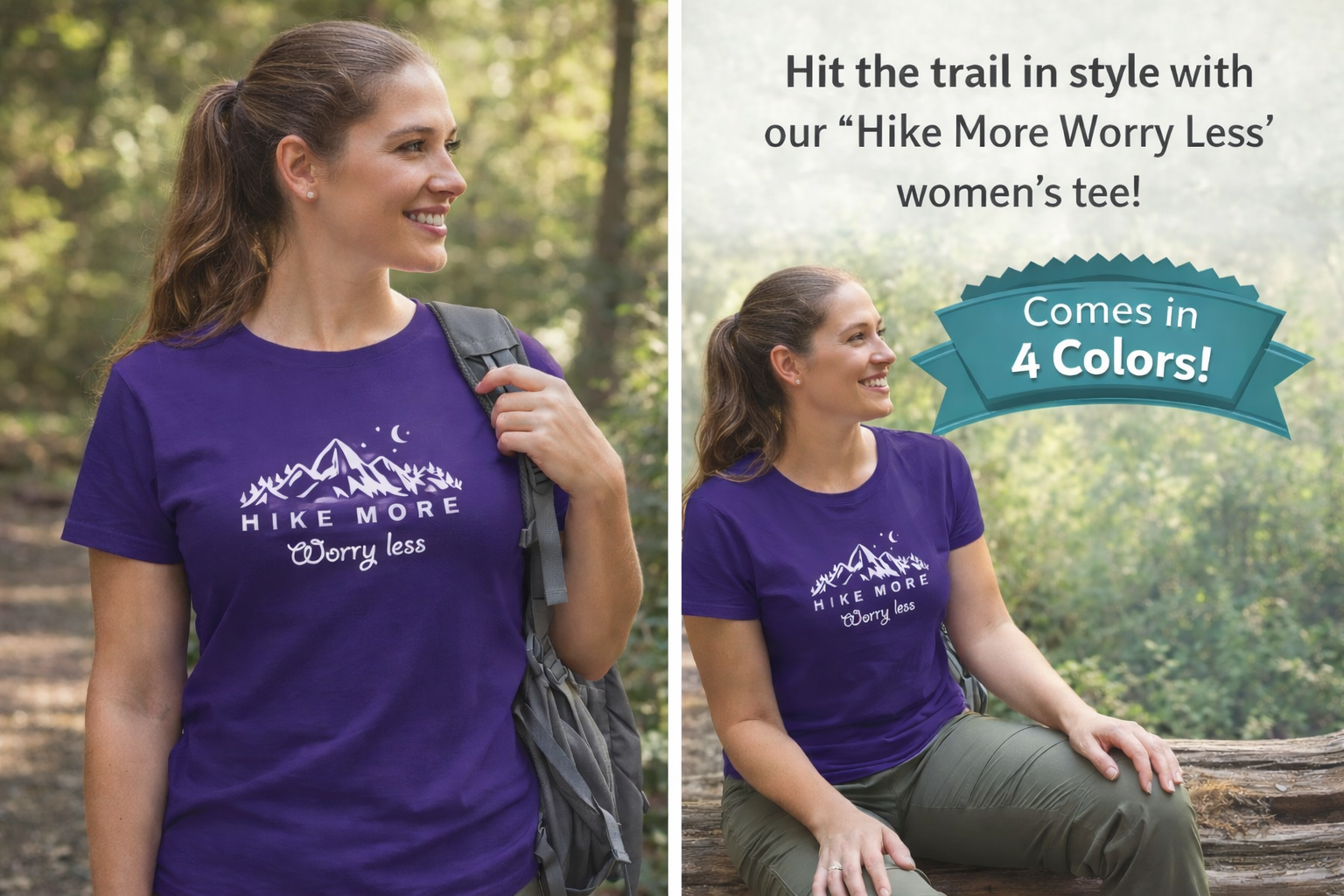 Hike More Worry Less Women's Hiking Shirt Outdoor Adventure Tee Mountain T-Shirt Cute Hiking Top 4 colors 100% cotton