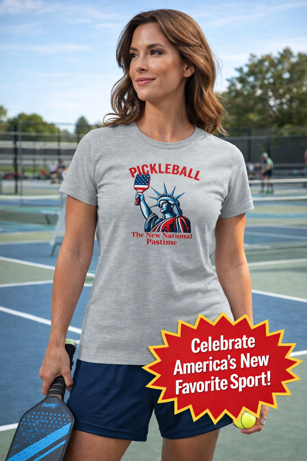 Statue of Liberty Pickleball The New National Pastime Tee Women's Patriotic Pickleball Shirt Pickleball Gift 5 colors 100% cotton