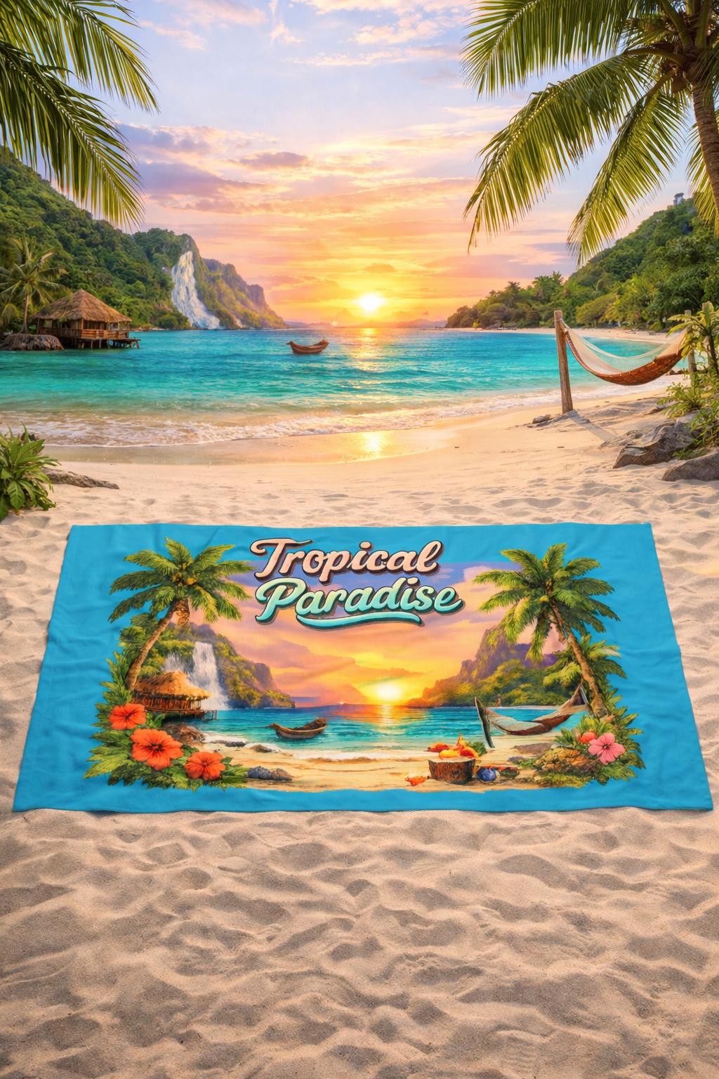 Tropical Paradise Sunset Beach Towel Palm Trees, Hibiscus, Ocean Scene - 2 sizes