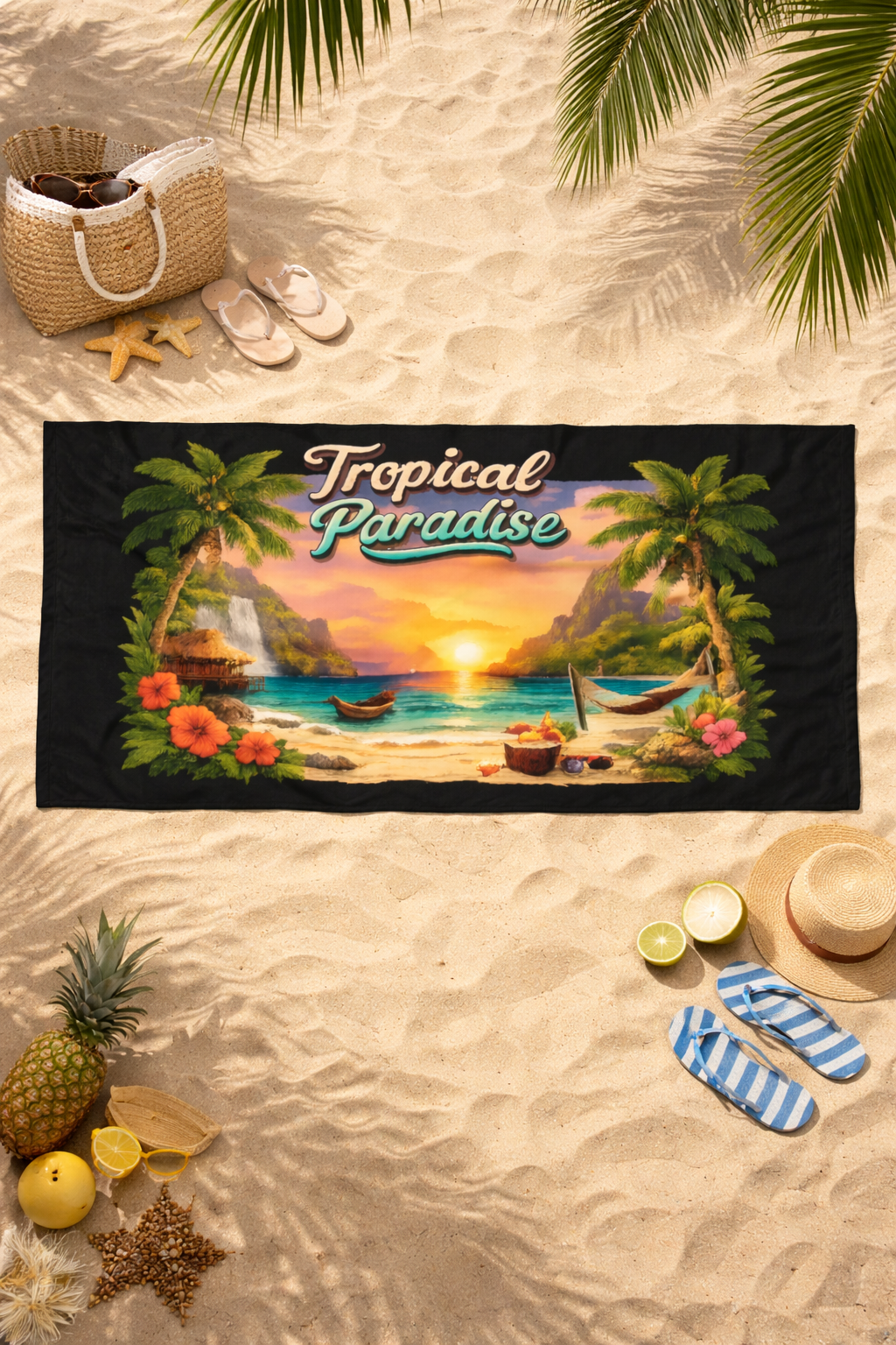 Tropical Paradise Sunset Beach Towel Palm Trees, Hibiscus, Ocean Scene 2 sizes