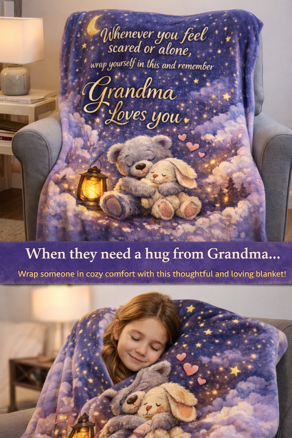 Grandma Loves You Blanket Comforting Message Throw for Kids Gift from Grandma Cozy Bedtime Security Blanket 50" x 60"