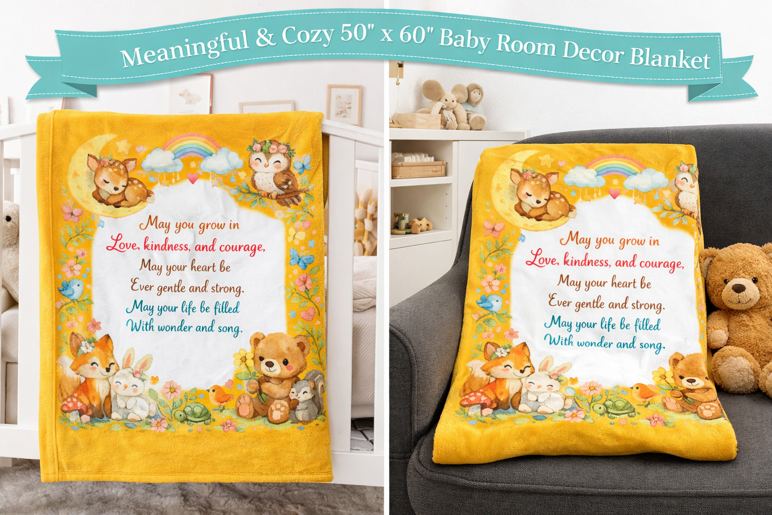 Baby Blanket May You Grow in Love Kindness & Courage Soft Nursery Throw Baby Shower Gift Newborn Keepsake 50" x 60"
