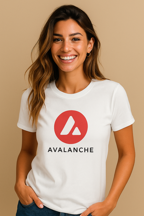 Sats and Stripes Avalanche AVAX Crypto T-Shirt Blockchain White Female Model