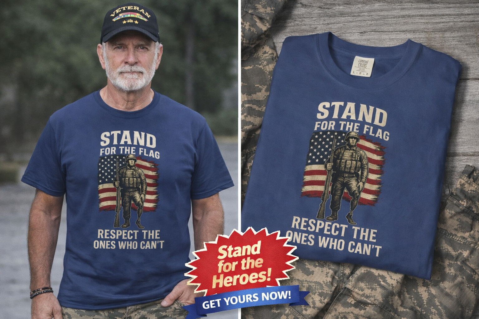 Stand for the Flag, Respect the Ones Who Can't Soldiers Tee Shirt 3 colors 100% cotton