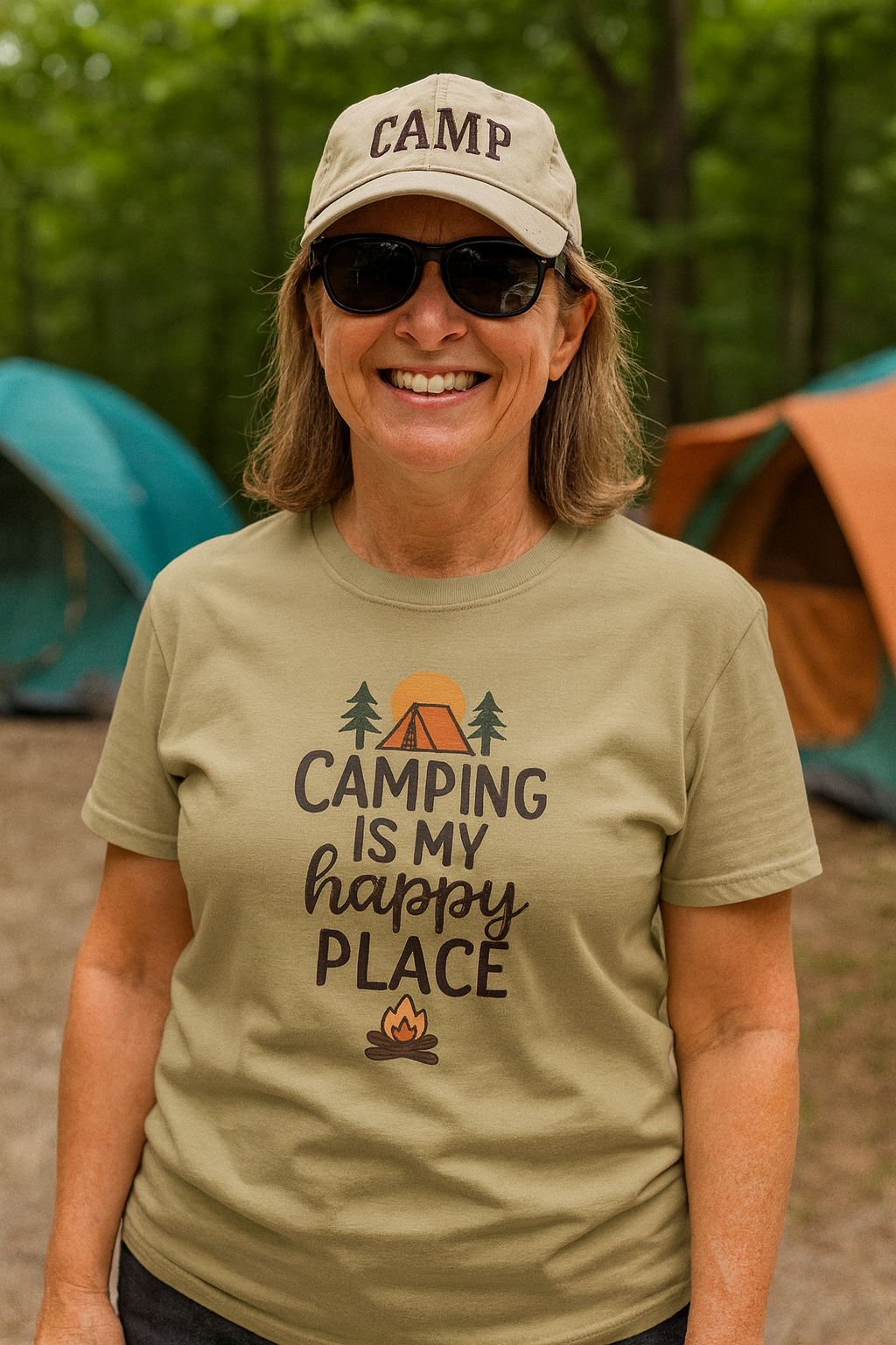 Camping Is My Happy Place T-shirt Camping Graphic Tee, Tent & Campfire Design 5 colors 100% cotton
