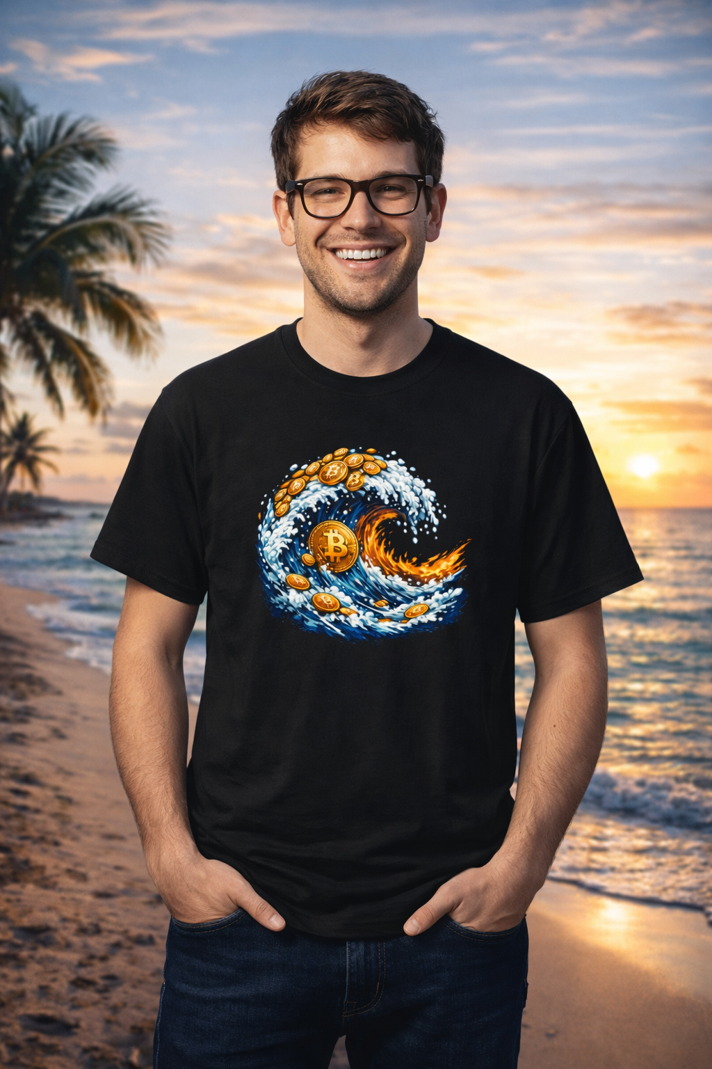 Bitcoin Tidal Wave T-Shirt Futuristic Crypto Graphic Tee Bitcoin Art Shirt Crypto Gift for Him 12 colors 100% cotton