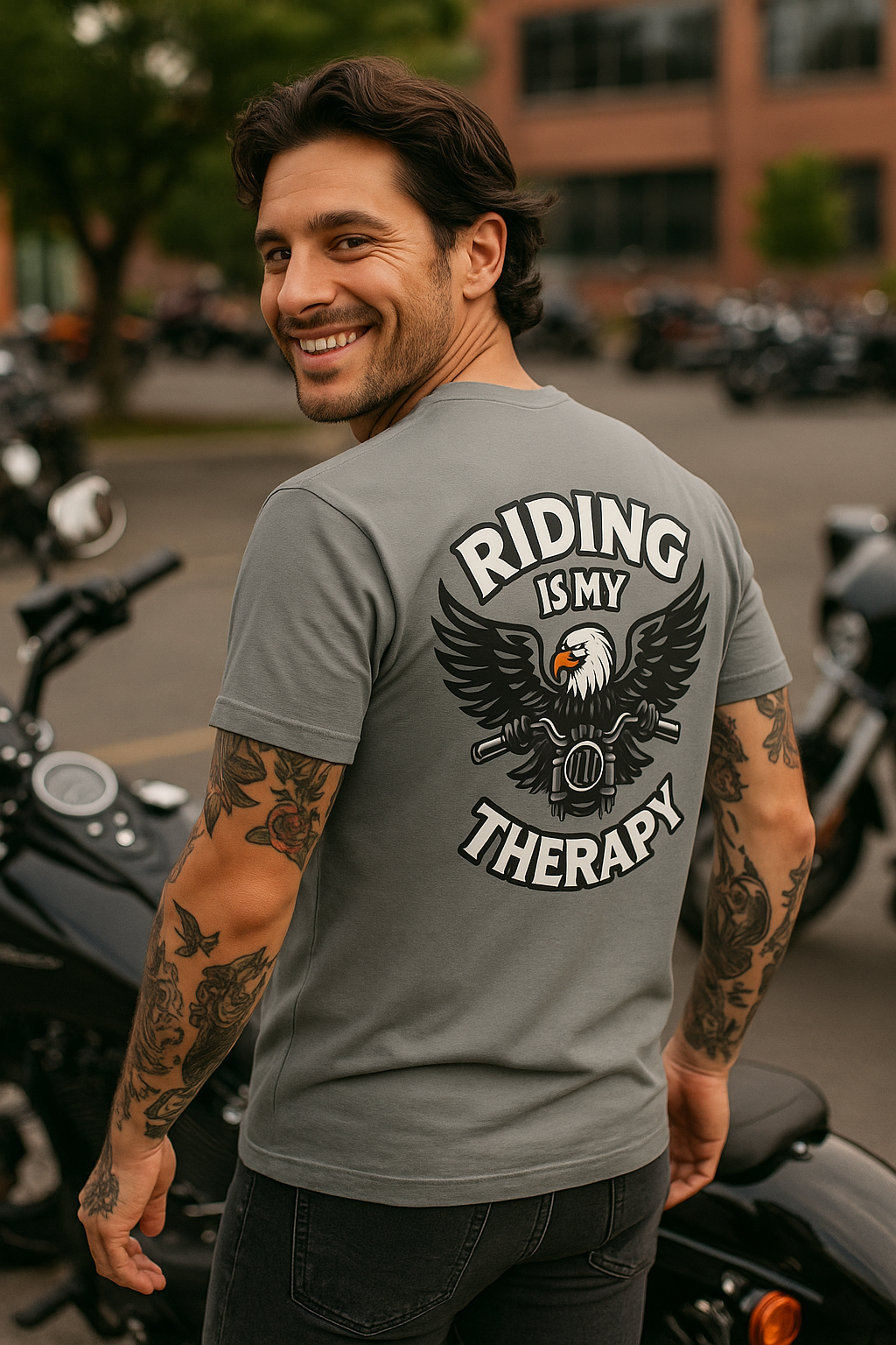 Riding is my Therapy Eagle Motorcycle T-Shirt Harley Biker Graphic Tee 8 colors 100% cotton