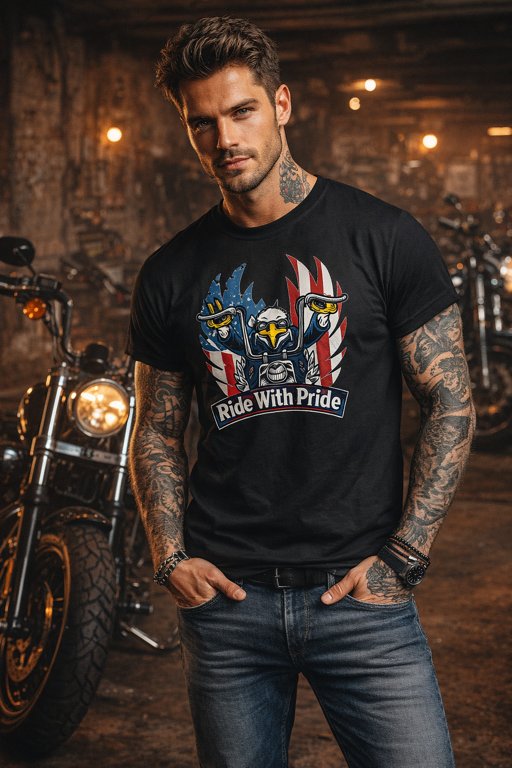 Ride With Pride Motorcycle T-Shirt Harley Inspired Tee American Freedom Motorcycle Shirt 6 colors 100% cotton
