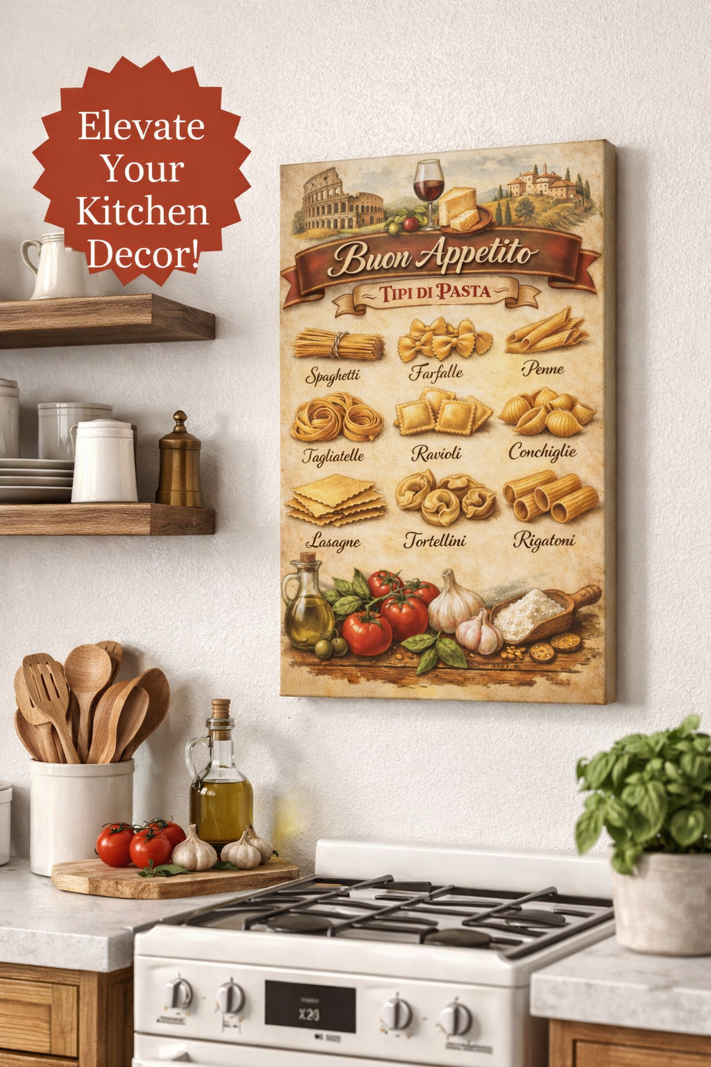 Buon Appetito Italienische Pasta-Tabelle Leinwand Italienische Küchendekoration Nudelsorten Poster Rustikale Toskanische Kochkunst Wandbild 16 x 24