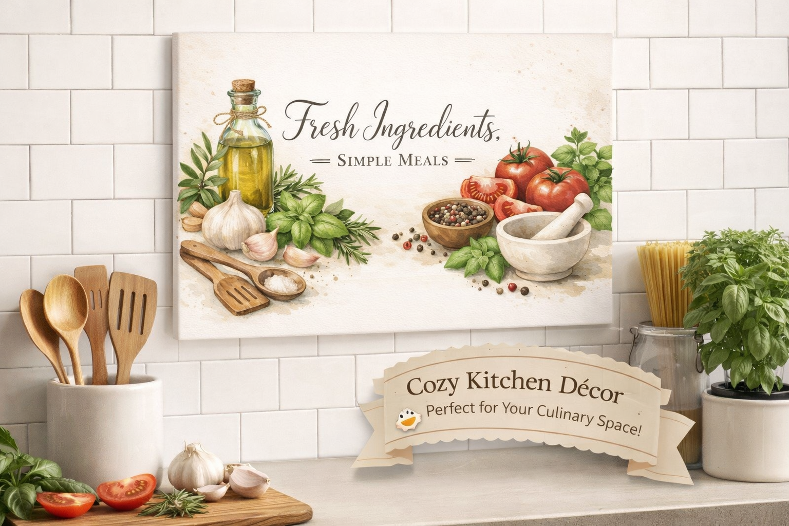 Fresh Ingredients Simple Meals Kitchen Wall Art Kitchen Decor Herb & Olive Oil Kitchen Print Cooking Quote Canvas 18 x 12