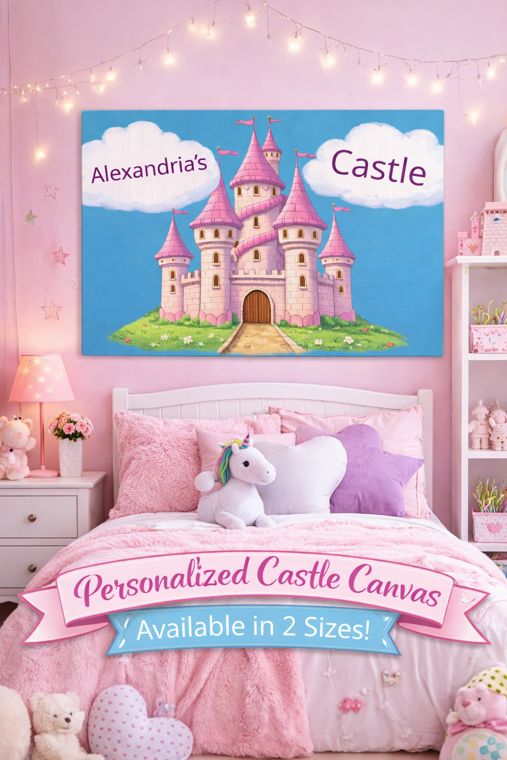 Personalized Princess Castle Canvas Custom Girls Name Wall Art Pink Fairytale Castle Decor Kids Princess Room Art Girl Nursery Gift