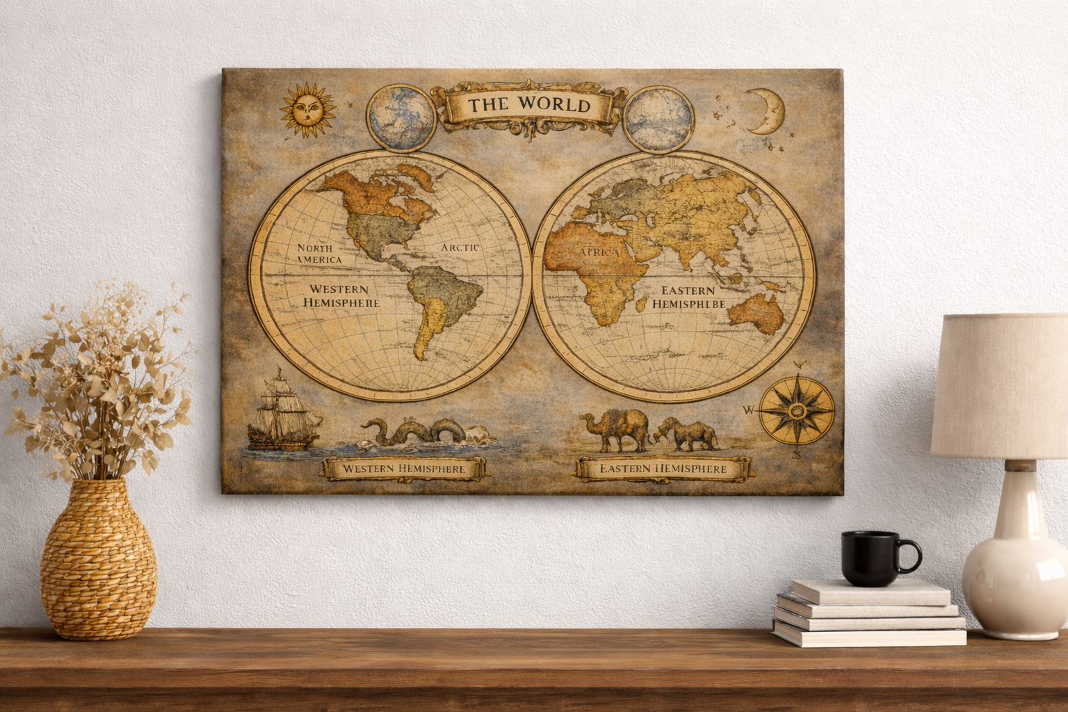 Vintage World Map Canvas Art Antique Double Hemisphere Map Old World Explorer Wall Decor Classic Map Wall Art 24" x 16"