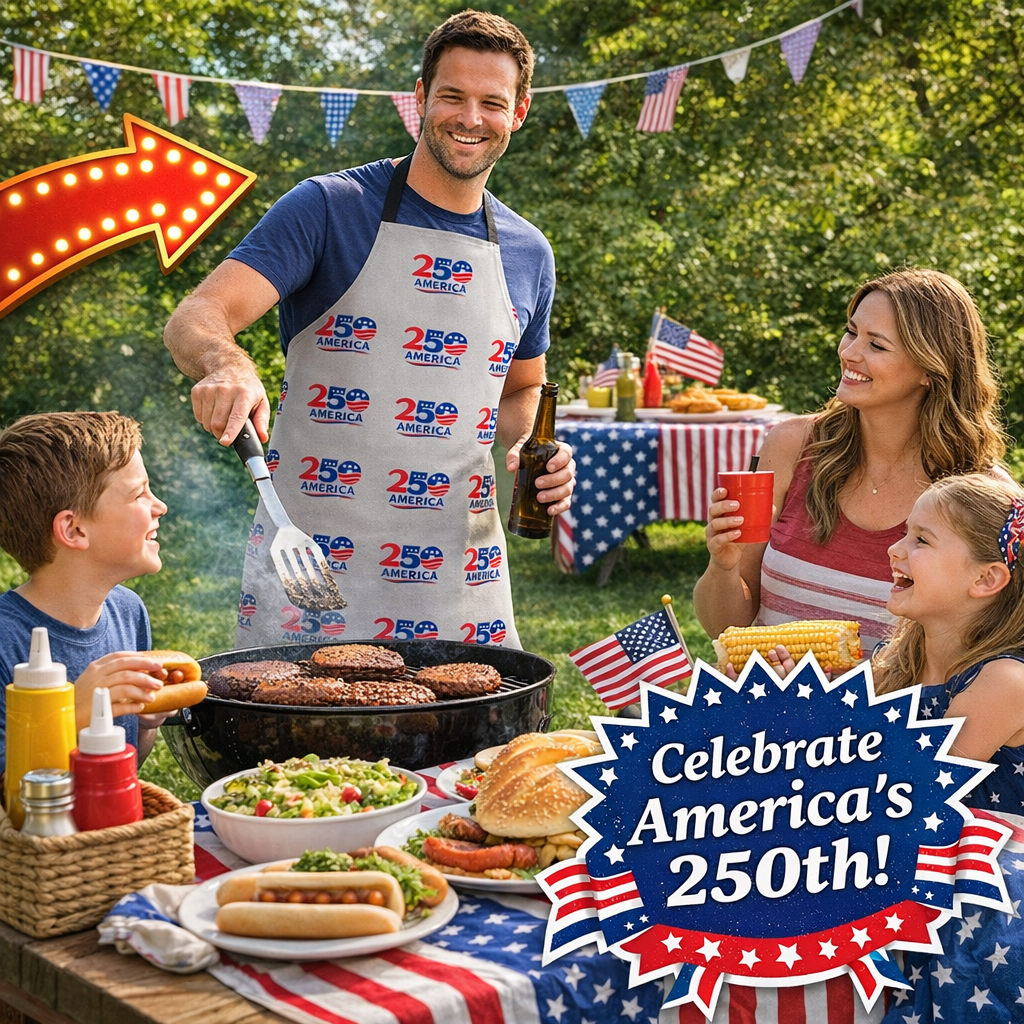 BBQ Apron to help Celebrate America's 250th in Style while Grilling, Cooking or Hosting your next Backyard BBQ One size: 31.5" x 25.6"