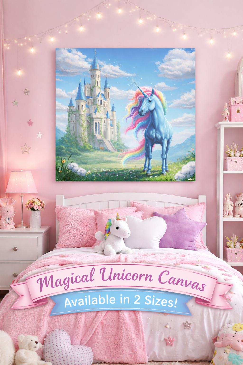Magical Unicorn Castle Canvas Wall Art Girls Unicorn Bedroom Decor Fantasy Princess Room Wall Art 16x16 or 24x24
