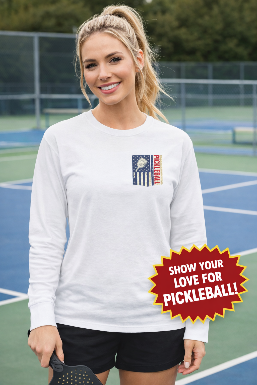 Women's Pickleball Flag Long Sleeve Shirt Vintage Patriotic USA Pickleball TShirt Tee Court Player Gift 7 colors 100% cotton
