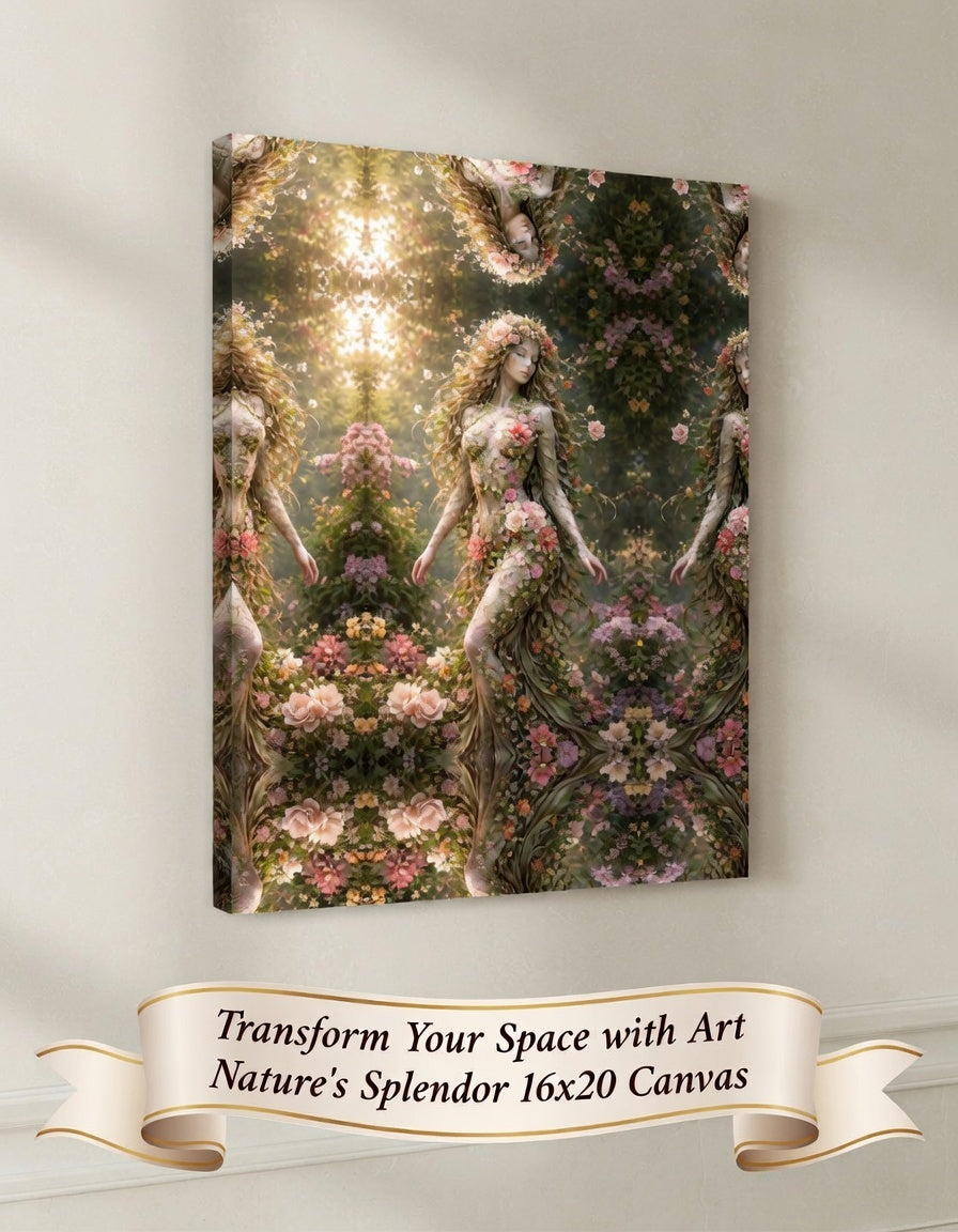 Botanical Goddess Canvas Art Floral Woman Wall Art Nature Inspired Fantasy Canvas Boho Dorm Decor 16" x 20"