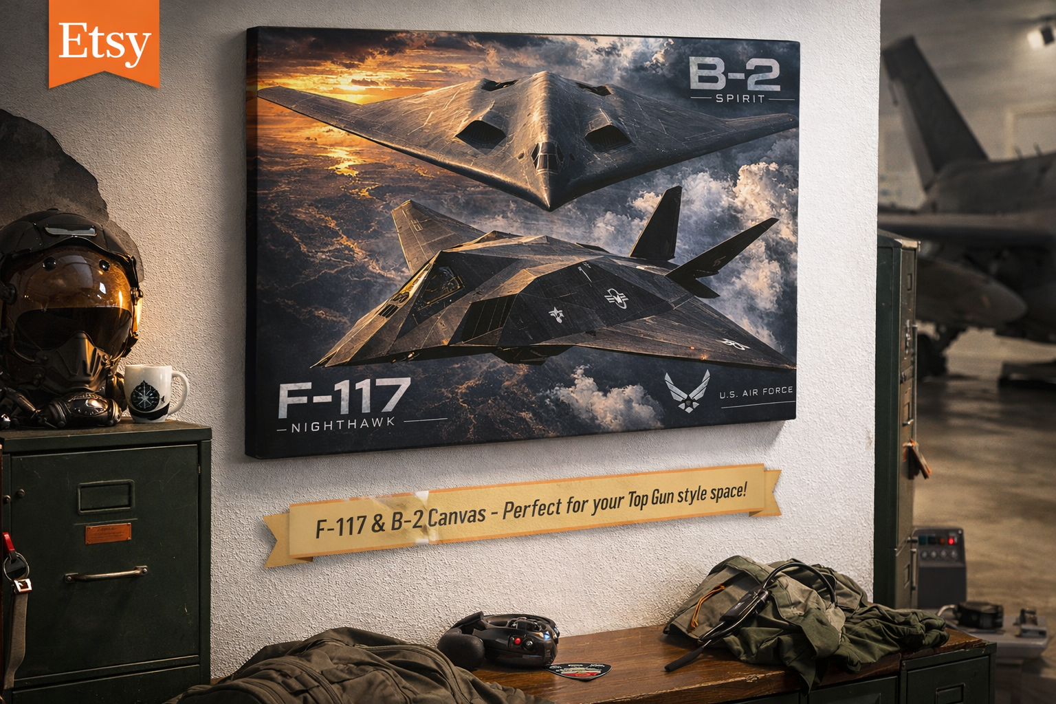 F-117 Nighthawk & B-2 Spirit Stealth Bomber Canvas Fighter Jet Wall Art Military Aviation Decor Air Force Aircraft Canvas 24 x 16