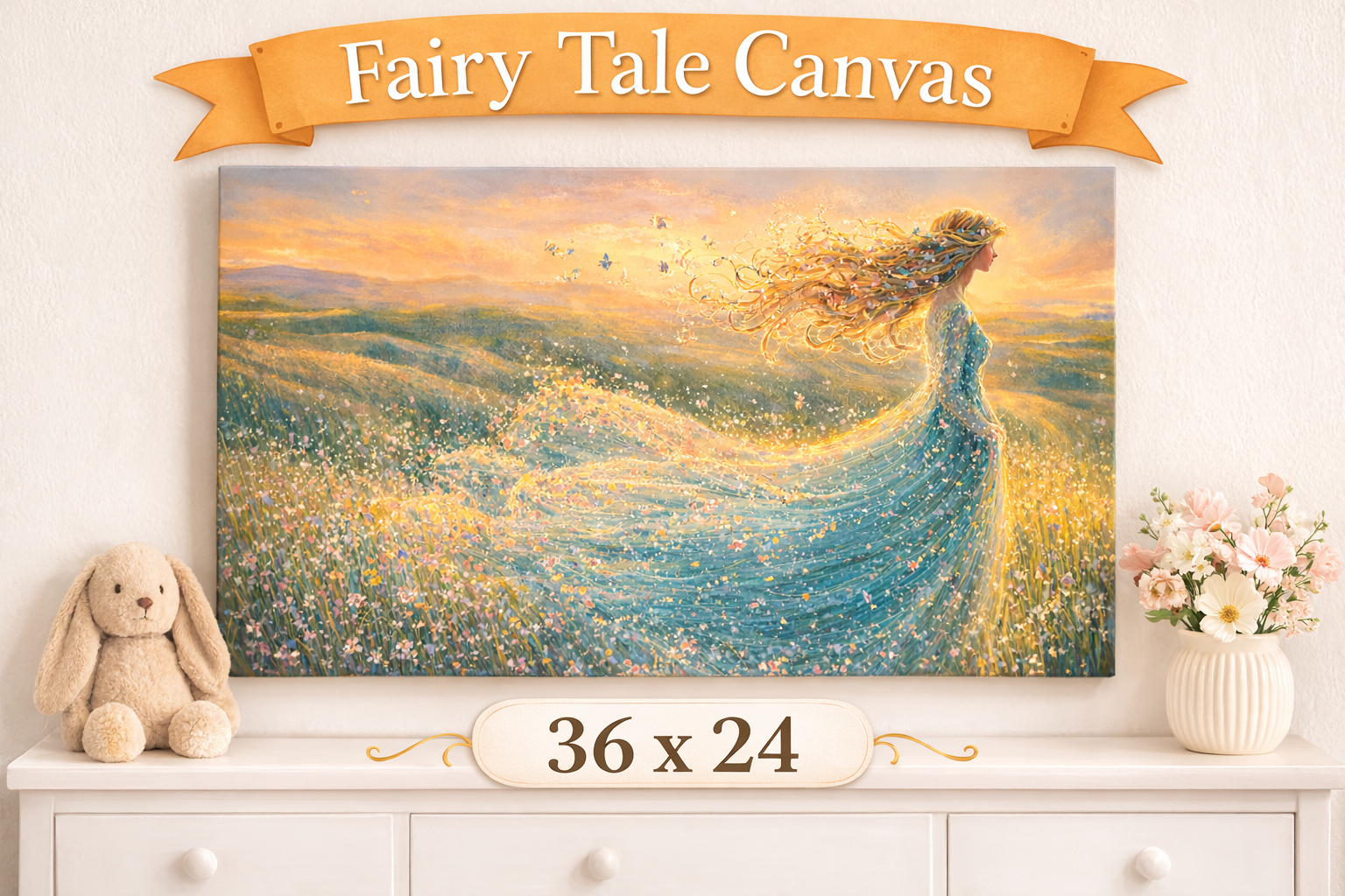 Fairy Tale Canvas Wall Art Princess Canvas Print Girls Nursery Wall Decor Enchanted Meadow Artwork Magical Bedroom Decor 36 x 24