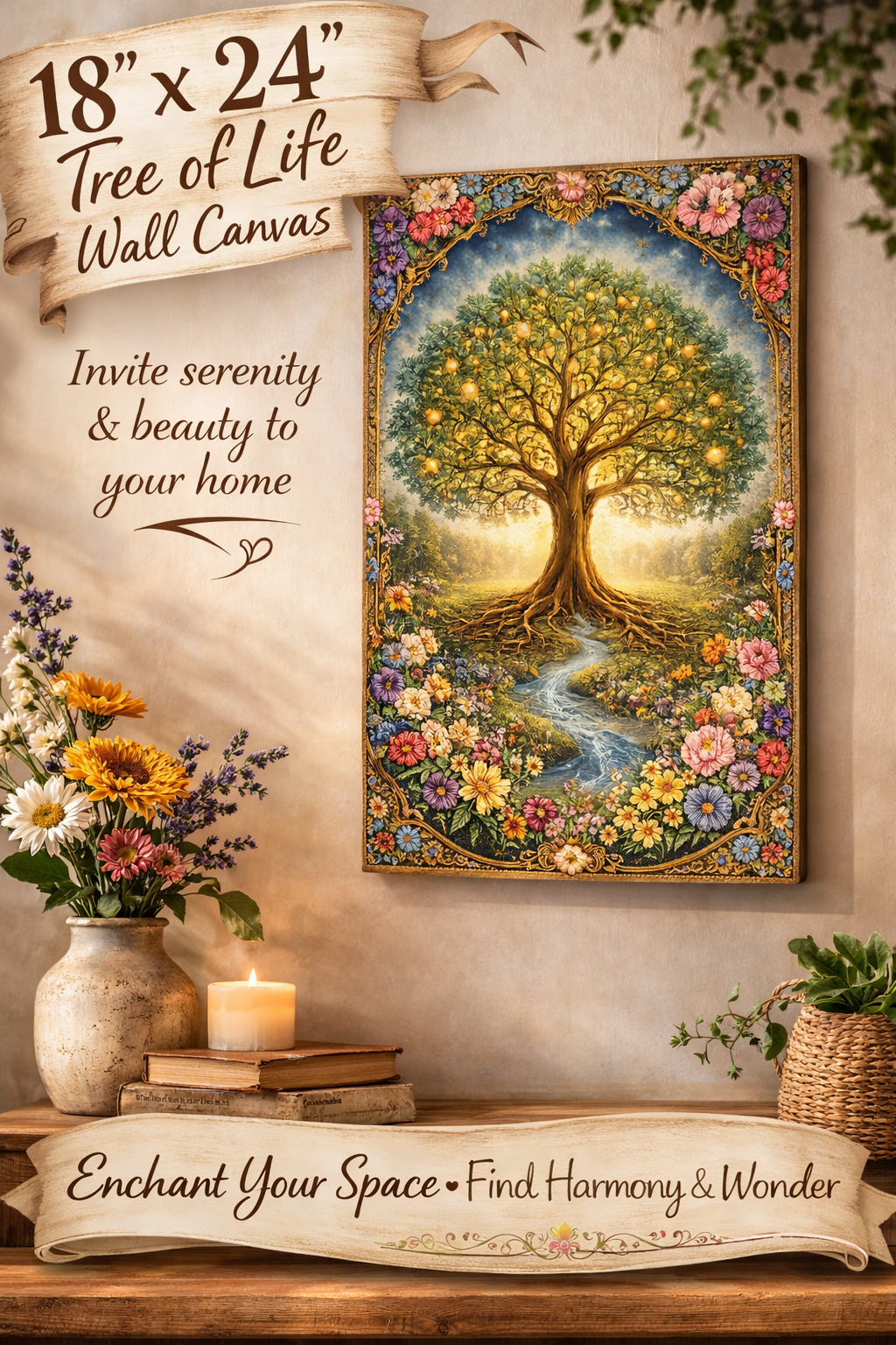 Tree of Life Canvas Wall Art Spiritual Nature Wall Decor Boho Botanical Wall Canvas Colorful Floral Tree of Life Print 18" x 24"