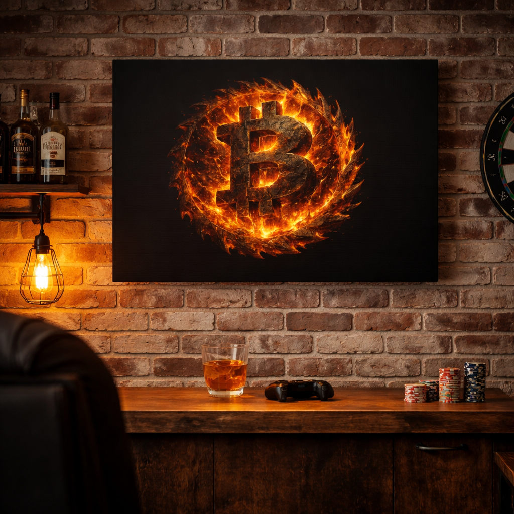Fiery Bitcoin Emblem Canvas Bitcoin Wall Art 12 x 9