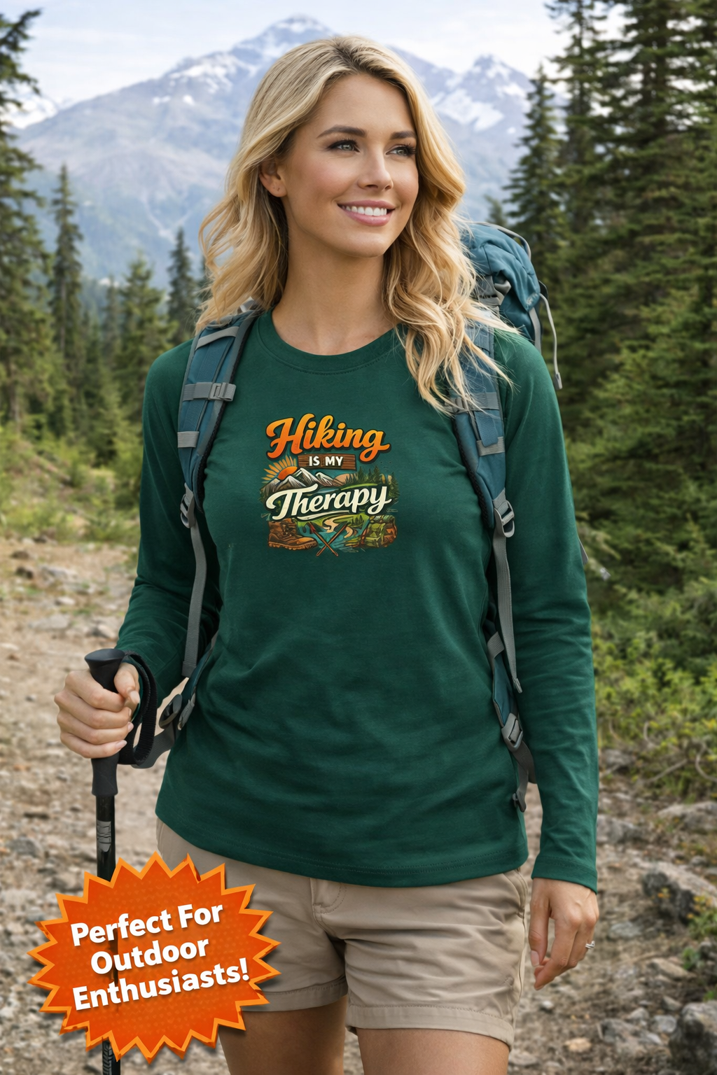 Women's Hiking Is My Therapy Long Sleeve Shirt Funny Hiking Tee Outdoor Nature Lover Gift Camping Trail Top 7 colors 100% cotton
