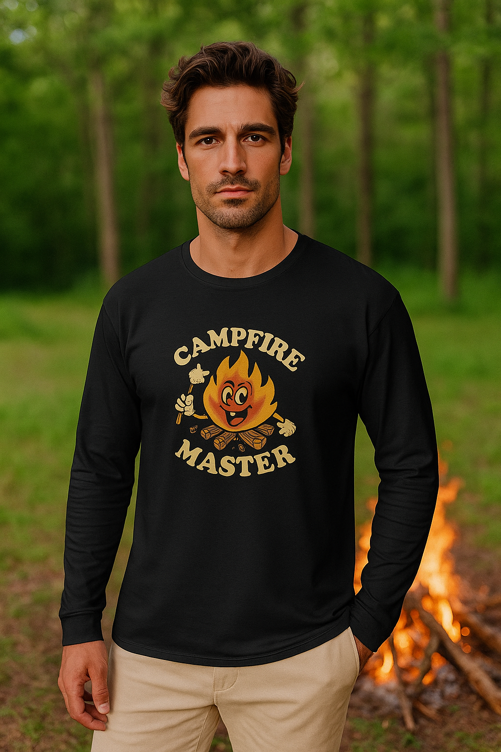 Campfire Master Long Sleeve Tee S'mores Marshmallow Outdoor Camping Shirt 4 colors 100% cotton