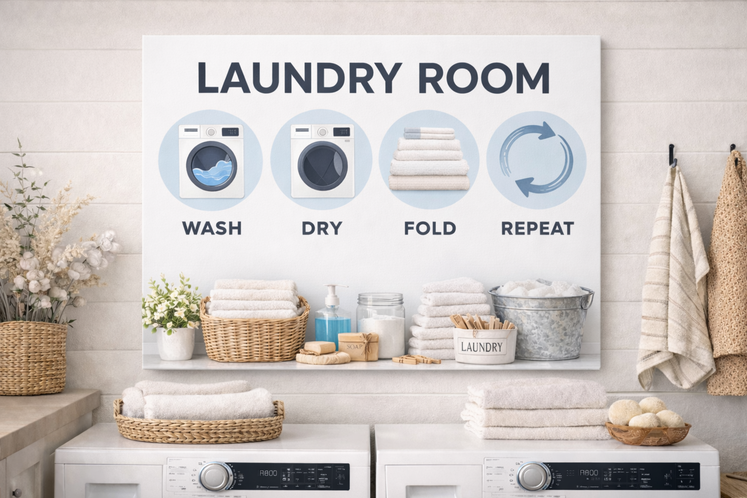 Modern Laundry Room Wall Art Canvas Wash Dry Fold Repeat Laundry Sign Minimalist Laundry Room Decor 18 x 12