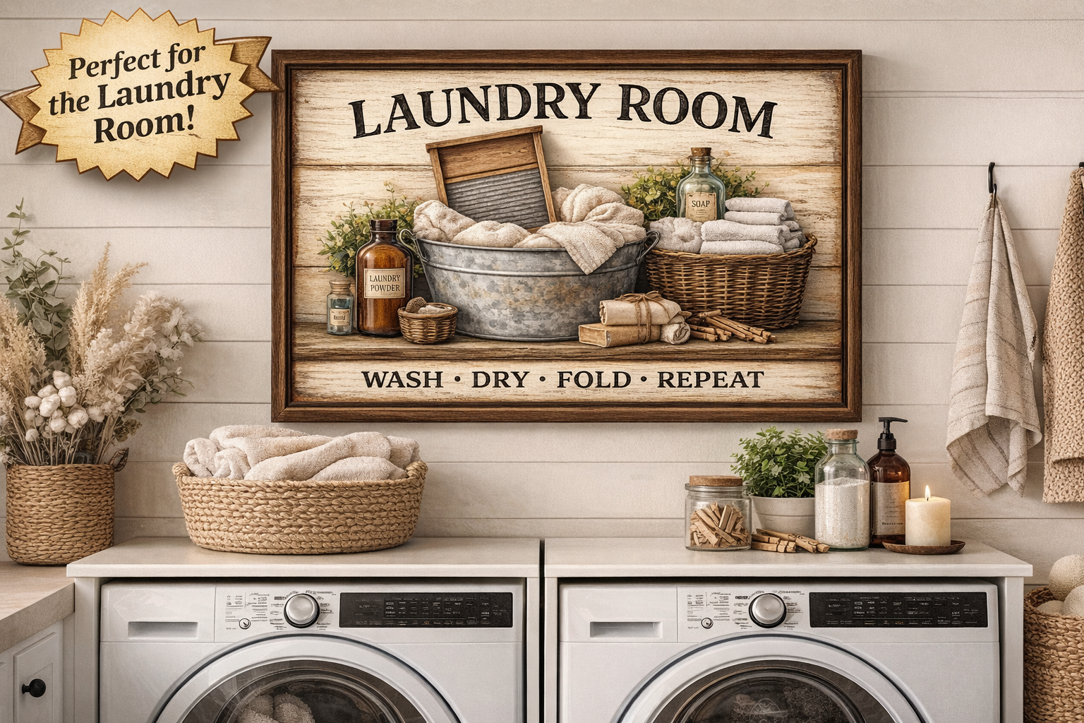 Rustic Laundry Room Wall Art Canvas Wash Dry Fold Repeat Farmhouse Laundry Sign Vintage Laundry Decor Wall Hanging 18 x 12