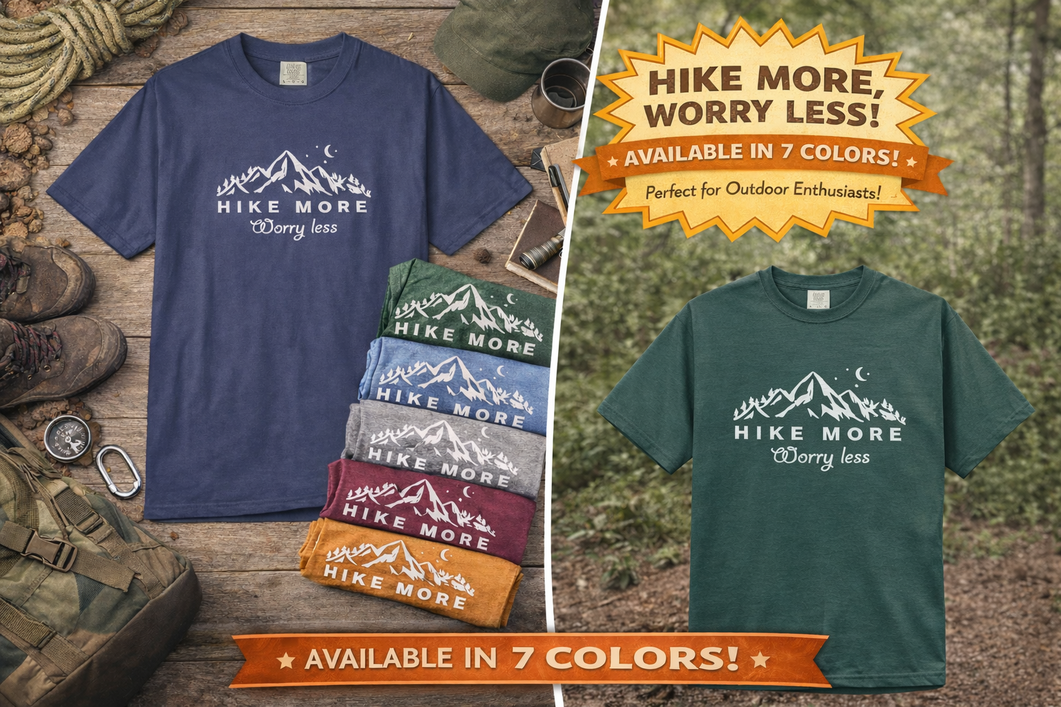 Hike More Worry Less Shirt Hiking TShirt Outdoor Adventure Tee Mountain Nature Lover Gift Hiking Tee 7 colors 100% cotton