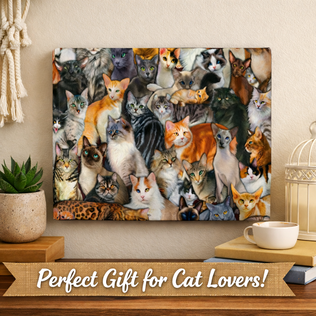 Cat Collage Canvas Wall Art Colorful Cat Breeds Canvas Print Cat Lover Gift Kitten Wall Decor Pet Lover Art 12" x 9"