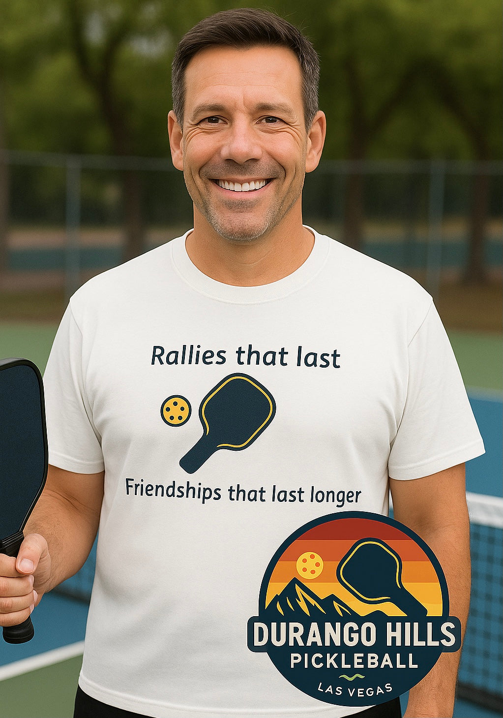 Rallies That Last Friendships that Last Longer Pickleball T-Shirt Tee Durango Hills Pickleball Club 5 colors 100% polyester