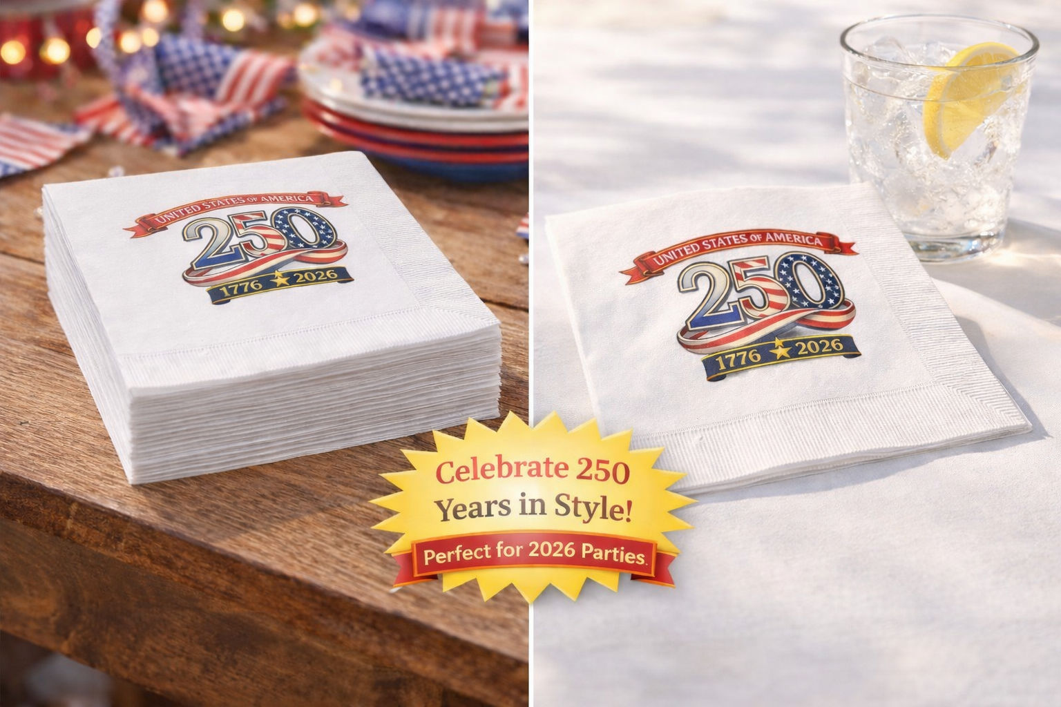 USA 250th Anniversary Napkins 1776-2026 Patriotic Party Decor American 250 Celebration Disposable Napkins (50 or 100 Count) 2 sizes