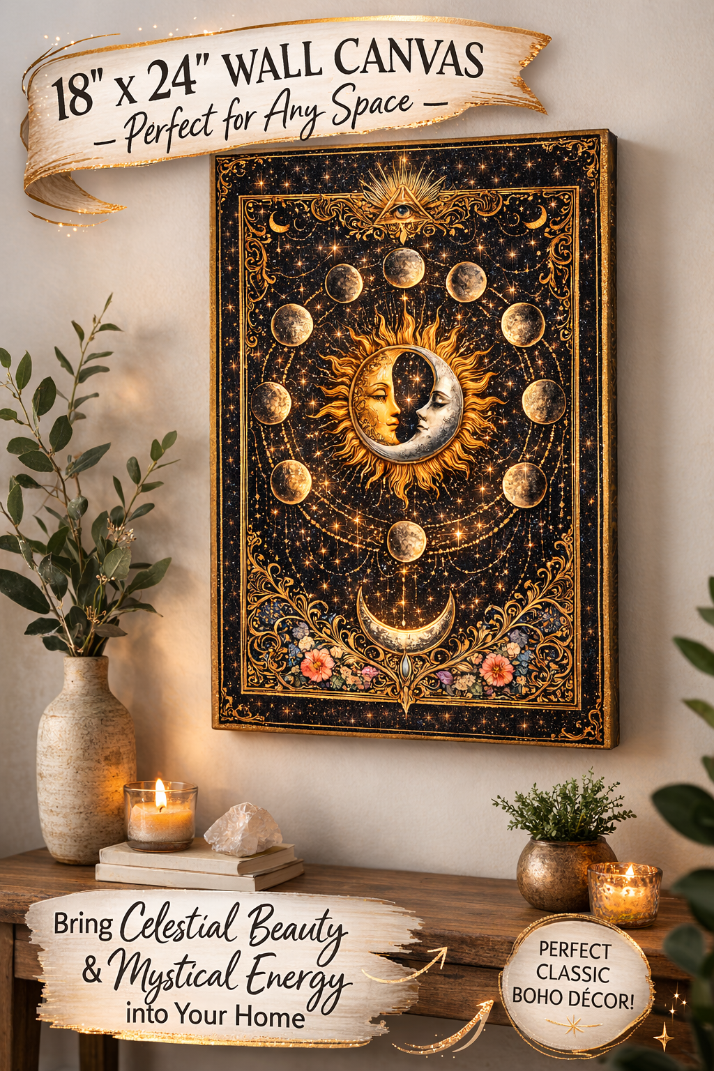 Celestial Moon Phase Canvas Wall Art Sun Moon Wall Decor Boho Celestial Canvas Mystic Astrology Art Spiritual Home Decor 18" x 24"
