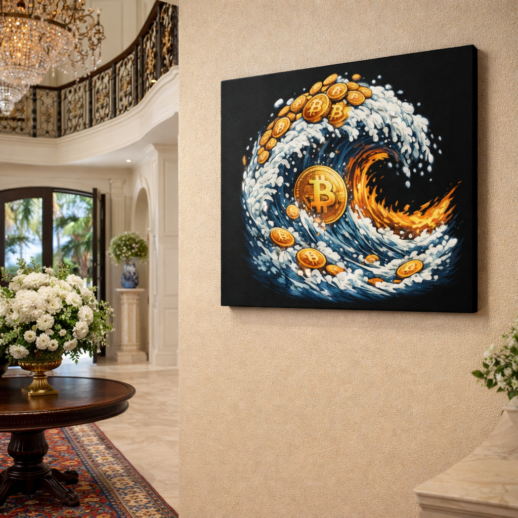 Bitcoin Wave Canvas Wall Art Crypto Tidal Wave Artwork Bitcoin Ocean Canvas Print Modern Crypto Art 12 x 9