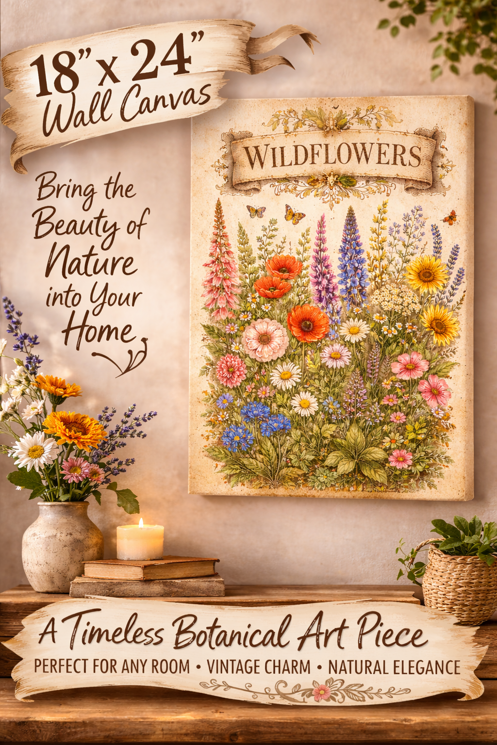 Vintage Wildflower Canvas Wall Art Botanical Flower Wall Decor Rustic Wildflower Garden Art Nature Inspired Wall Canvas 18" x 24"