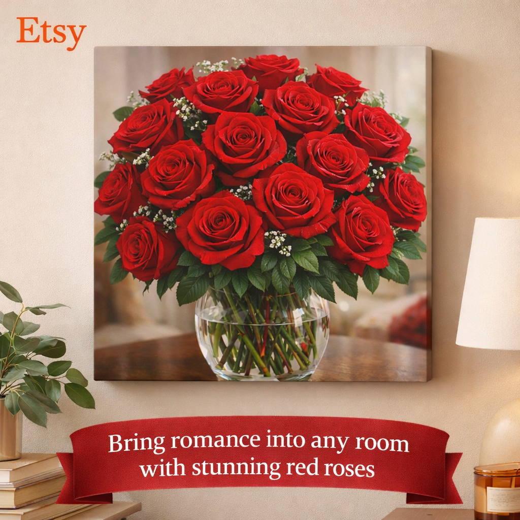 Red Roses Canvas Wall Art Romantic Rose Bouquet Print Floral Wall Decor Love Gift for Her Valentine Roses 16 x 16