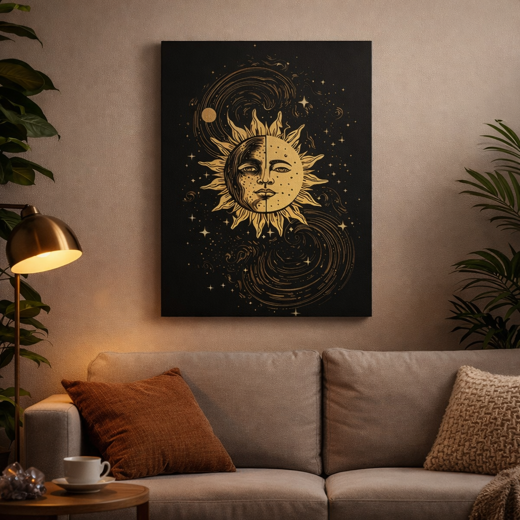 Celestial Sun Moon Canvas Wall Art Mystic Boho Astrology Decor Gold Cosmic Sun & Moon Spiritual Wall Decor Canvas Art 18" x 24"