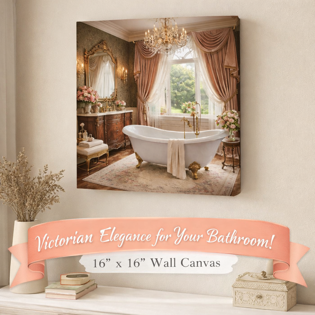 Victorian Clawfoot Tub Canvas Art Bathroom Decor Vintage Bathroom Wall Canvas Romantic Victorian Bath Artwork 16" x 16"