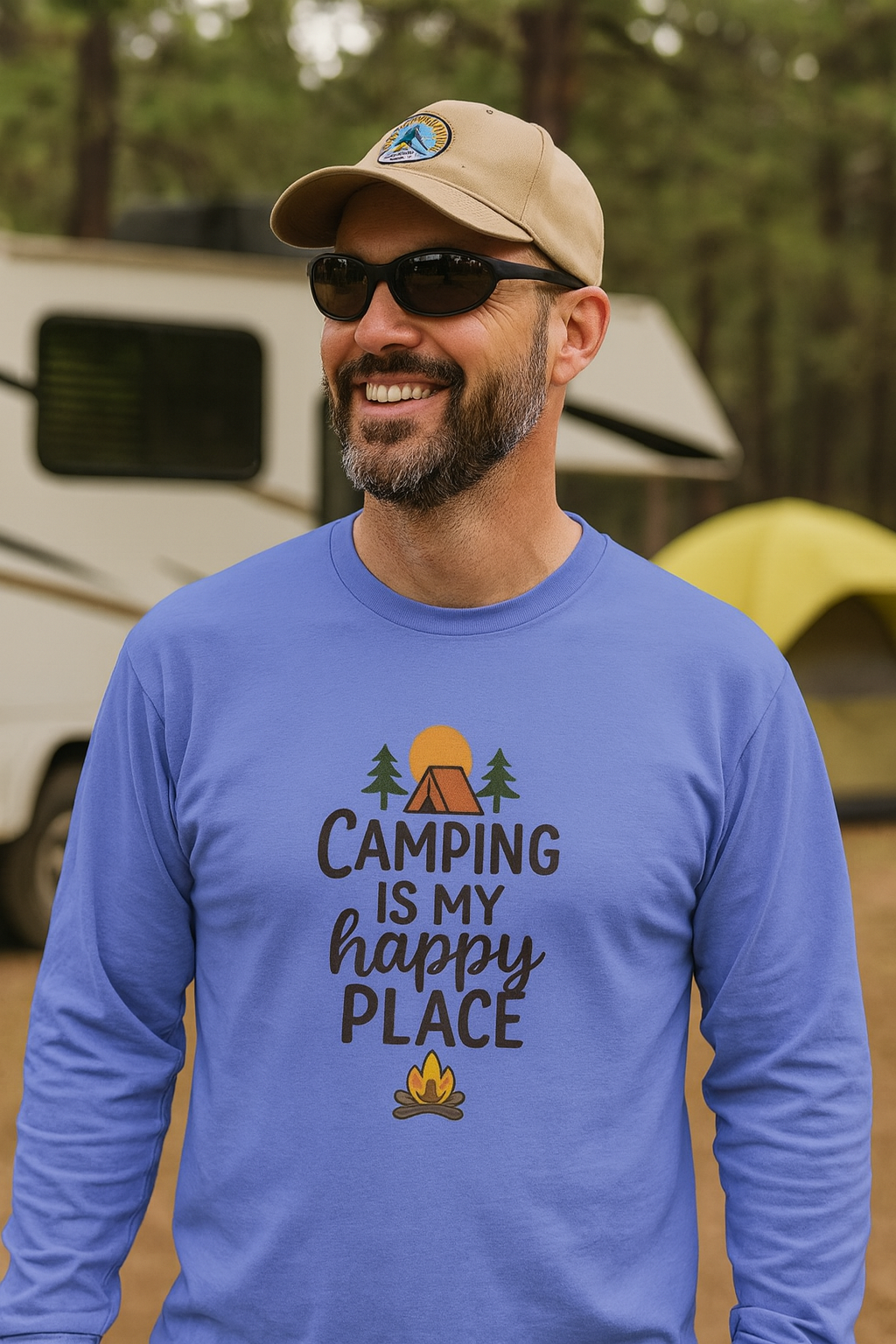Camping Is My Happy Place Long Sleeve Tee Campfire Trees Sun Outdoor Shirt 4 colors 100% cotton