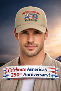 Sats and Stripes USA 250th Anniversary Hat Celebrate America 1776-2026 Cap Patriotic Baseball Hat Khaki