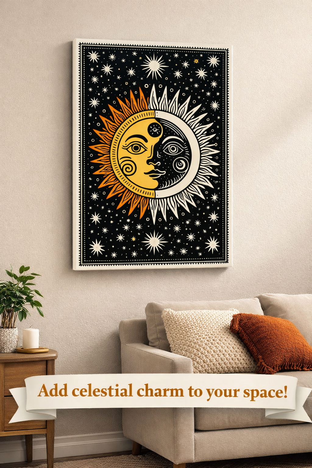 Sun Moon Celestial Canvas Wall Art Mystic Boho Print Vintage Celestial Decor Astrology Night Sky Art Sun Moon Canvas 18" x 24"