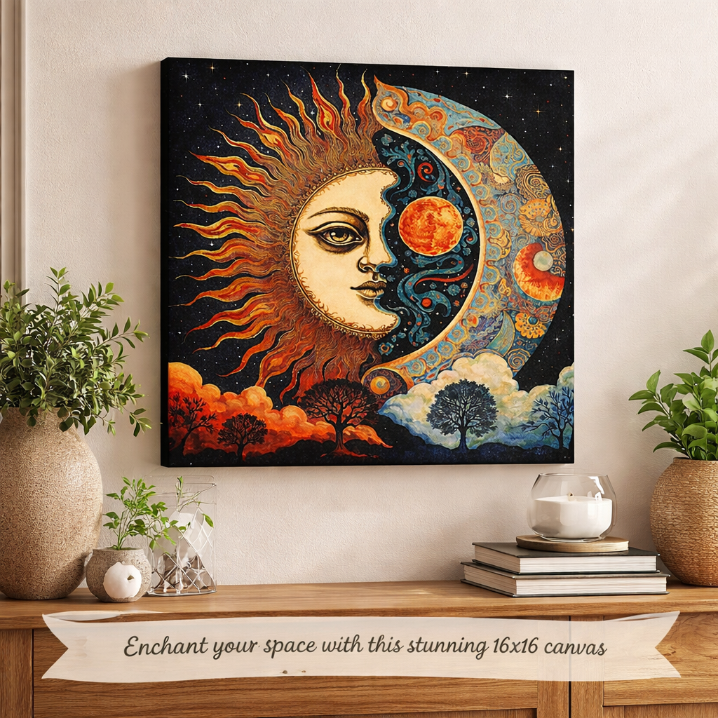 Mystical Sun Moon Canvas Celestial Wall Art Boho Sun Moon Decor Spiritual Sun Moon Painting Astrology Decor 16" x 16"