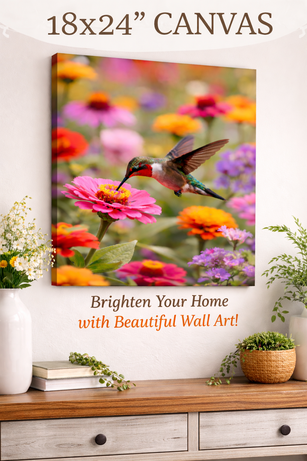 Hummingbird Flower Canvas Print Colorful Garden Wall Art Nature Bird Canvas Decor 18" x 24"