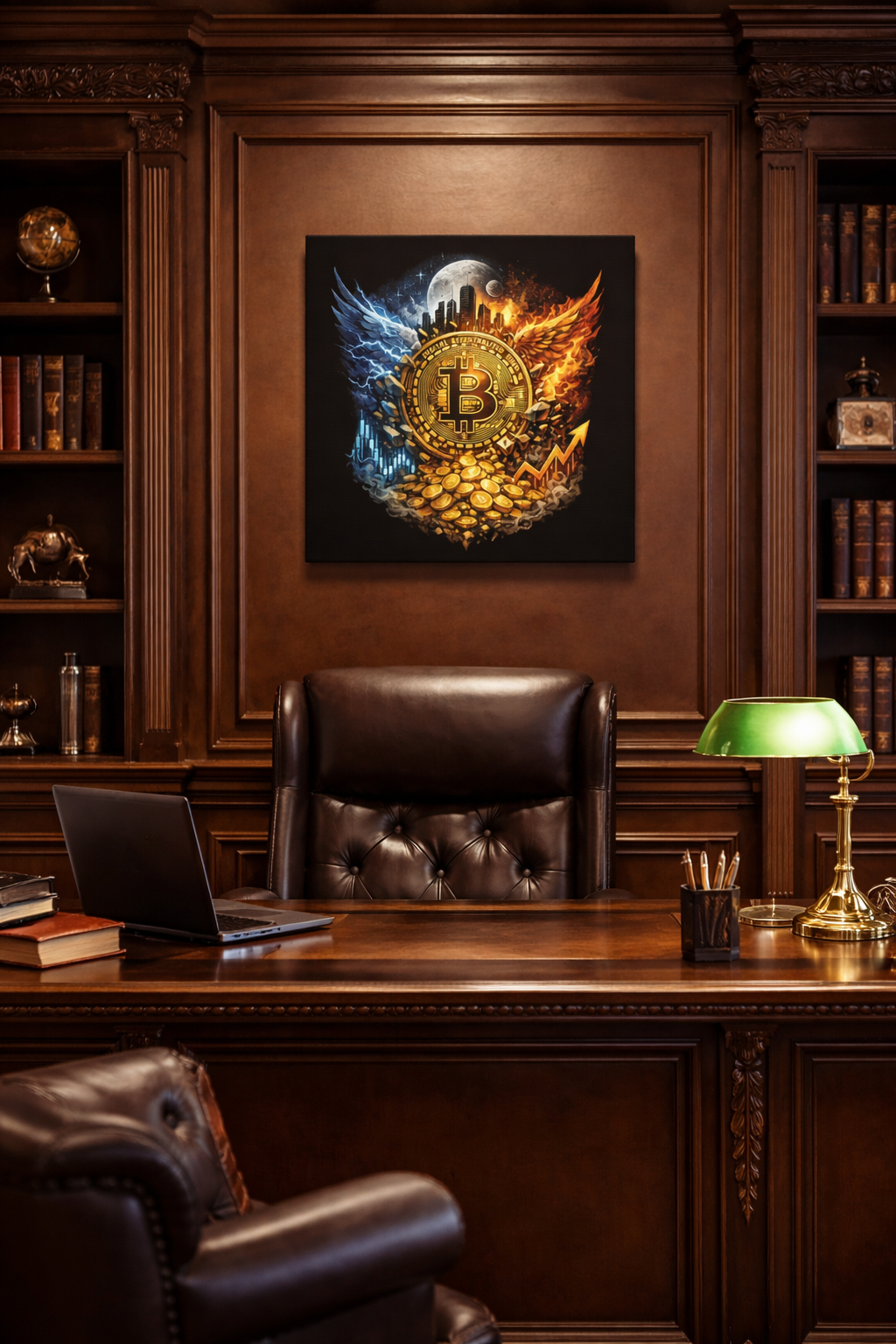 Bitcoin Flame and Ice Crest Canvas Bullish BTC Crypto Artwork Investor Wall Decor Cryptocurrency Canvas for Office 12 x 9
