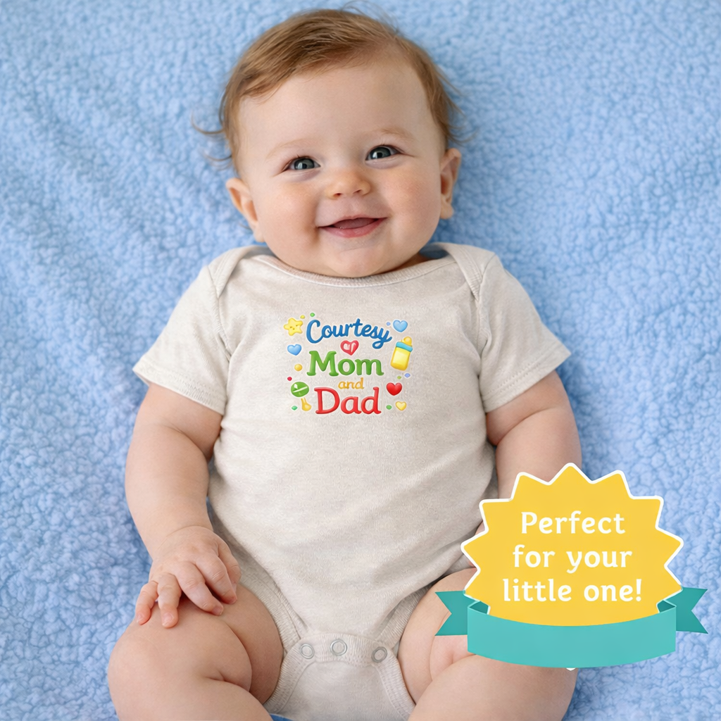 Courtesy of Mom and Dad Baby Onesie Cute Baby Shower Gift Infant Outfit for Boys or Girls Baby Announcement Outfit 7 colors
