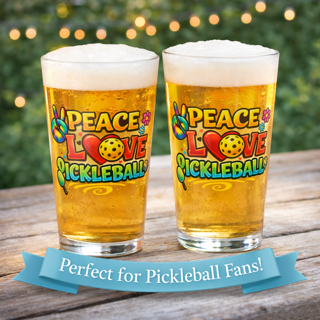Peace Love Pickleball Pint Glass Fun Pickleball Gift Beer Glass for Pickleball Lovers 16 oz