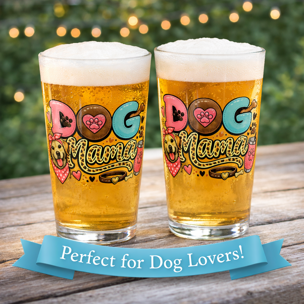 Dog Mama Pint Glass Cute Dog Lover Beer Glass Gift for Dog Moms Fun Pet Lover Drinkware 16 oz